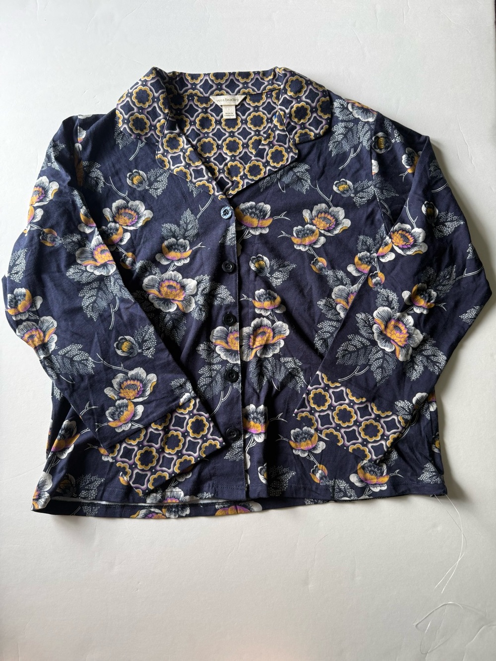 Vera Bradley Navy Floral Button-Front Shirt with Yellow & Cream Accents